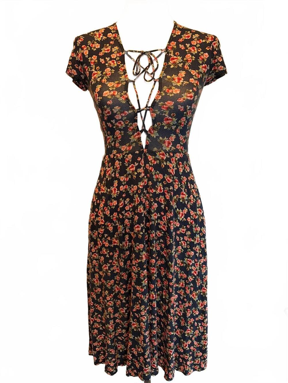 Reformation XS Navy Floral Tie Front Midi Dress Fairy Grunge Whimsigoth Romantic